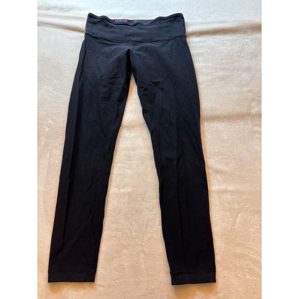 Lululemon Black Luon Leggings Size 6 Pink Striped Waistband 24 Inseam